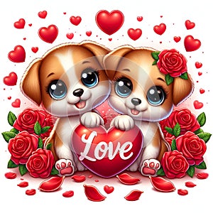 A cartoon style of a couple adorable dog, with a heart of love, love sign, bathed in red rose petals, flower, love art, romance