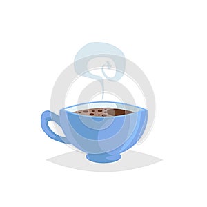 Cartoon style cup with hot drink. Coffee or tea. Trendy decorative design. Great for cafe menu. Blue mug with steam.