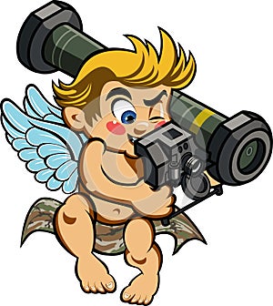Cartoon style cupid aiming a javelin anti tank missile