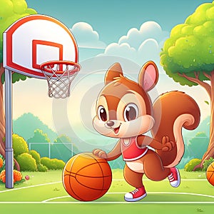 Cartoon style of a cute and adorable squirrel playing basket ball in a field of basket ball, animal, nature, sport