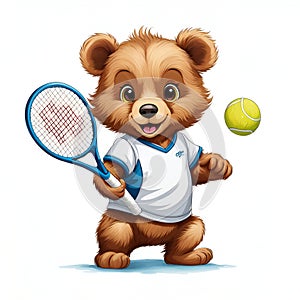 A cartoon style of cute baby bear in a sport costums, playing tennis, tennis racket, tennis ball, white background, t-shirt prints photo