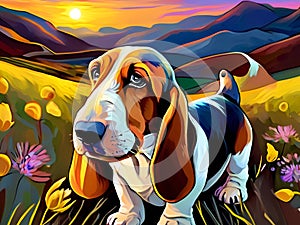 A cartoon style of cute basset hound dog, in a beautiful valley with wildflower, whimsical, sunset, dynamic style, painting art