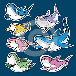 Cartoon style cute sharks family set