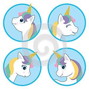 Cartoon Style Cute Unicorn Circle Design Set. Vector Illustration Isolated on White Background. Fantasy White Animal Vector Head w