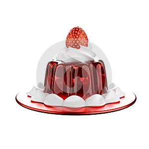 Cartoon style delicious red jelly with whipped cream with strawberry 3D.