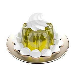 Cartoon style delicious yellow jelly with whipped cream 3D.