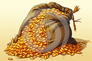 Cartoon style depiction of a sack brimming with realistic corn grains