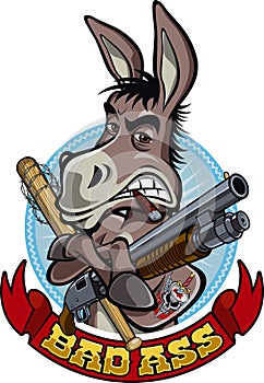 Cartoon style donkey holding gun and bat