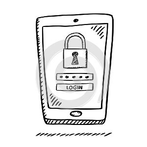 Cartoon style doodle of smartphone with login to secure account on screen. Hand drawn doodle vector illustration.