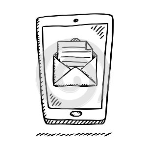 Cartoon style doodle of smartphone with opend email message on screen. Hand drawn doodle vector illustration.