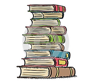 Cartoon style doodle of vintage books on screen. Hand drawn doodle vector illustration.