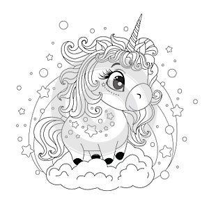 Cartoon style drawing of cute baby unicorn in clouds against rainbow and stars.