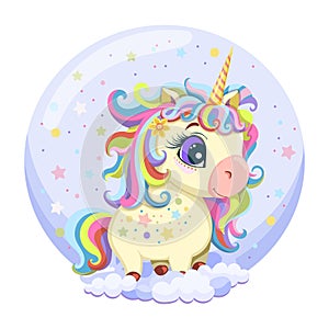 Cartoon style drawing of a cute baby unicorn in clouds on a blue background and stars. photo