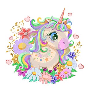 Cartoon style drawing of cute baby unicorn in hand drawn floral frame. photo