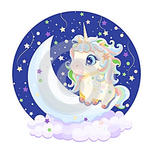 Cartoon style drawing of a cute baby unicorn on the moon in the clouds on a blue background and stars. photo
