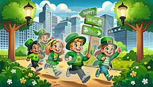 A cartoon-style drawing of a group of children in green outfits