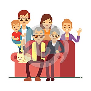 Cartoon style family isolated on white background. Grandparents Day happy old couple with grandsons