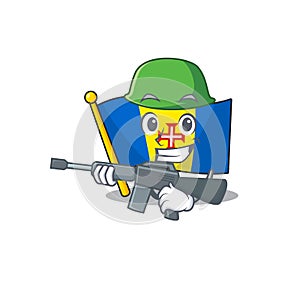 A cartoon style of flag madeira Army with machine gun