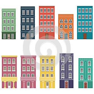 Cartoon style flat house facade , cityscape panorama funny cheerful tiffany blue building with yellow windows , vector illustratio