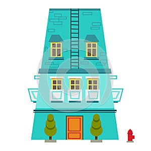 Cartoon style flat house facade , cityscape panorama funny cheerful tiffany blue building with yellow windows , vector illustratio