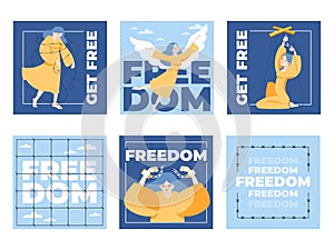 Cartoon style freedom inscriptions cards. Motivational typography poster, long hair woman, breaking chain, going beyond