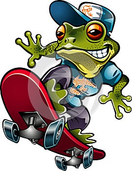 Cartoon style frog wearing baseballcap skateboarding