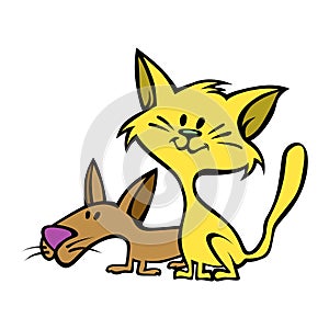 Cartoon style of a fun cat and a dog best friends