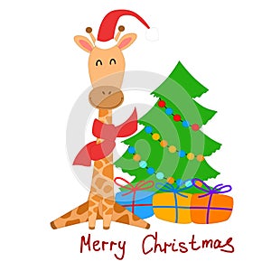 Cartoon-style giraffe Christmas card with a Christmas tree and gifts