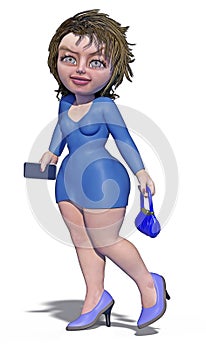 Cartoon style girl with blue dress and handbag walking