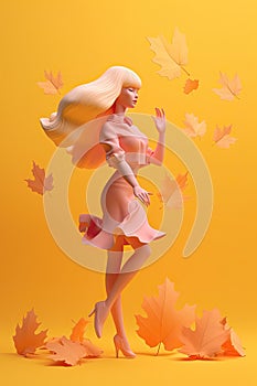 Cartoon style girl with with yellow leaves. For autumn holiday background. AI generative