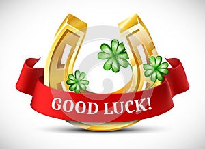 cartoon style golden horseshoe with clover leaves and good luck red ribbon with space for your text.