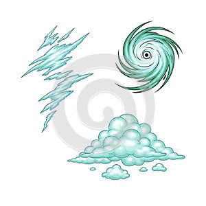 Storm Elements Illustration: Lightning, Hurricane, and Cloud on White