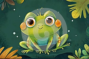 A cartoon-style green frog with yellow eyeballs sitting on top of a leaf-covered ground