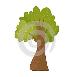 Cartoon style green tree with a thick brown trunk and lush foliage. Flat design forest or park tree isolated vector