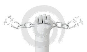 Cartoon style hand breaking free from chains. Chain turns to birds. 3D Rendering