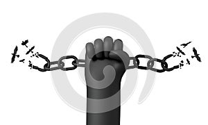 Cartoon style hand breaking free from chains. Chain turns to birds. 3D Rendering