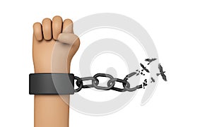 Cartoon style hand breaking free from chains. Chain turns to birds. 3D Rendering