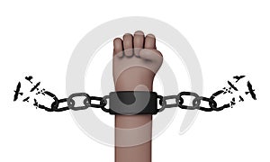 Cartoon style hand breaking free from chains. Chain turns to birds. 3D Rendering