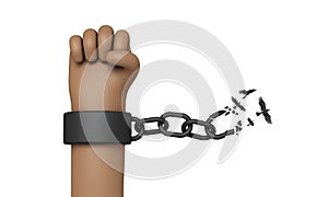 Cartoon style hand breaking free from chains. Chain turns to birds. 3D Rendering