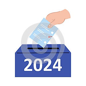 Cartoon style hand holding a vote ballot. 2024 election concept. Referendum and political poll.