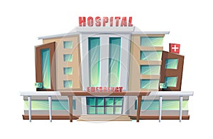 cartoon style hospital building isolated on white background.