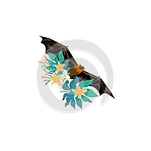 Cartoon style icon of flying fox with tropical flowers, leaves. Cute fruit bat for different design