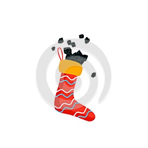 Cartoon style icons full sock of coals for Befana card. Italian Christmas holiday.