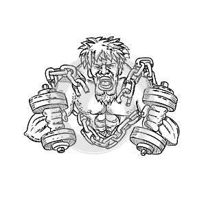 Buffed Athlete Dumbbells Breaking Free From Chains Drawing photo