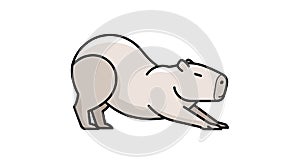 A cartoon-style capybara is depicted in profile stretching its forepaws forward set against a solid white background