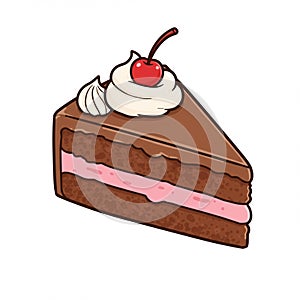 A cartoon-style illustration of a chocolate cake slice with three layers. The top and photo