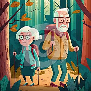 Cartoon style illustration of depiction of seniors over 50 walking in a forest, promoting active aging photo