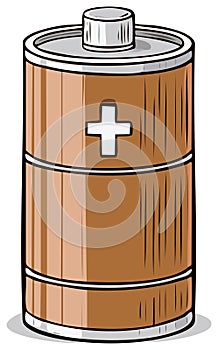 Cartoon style illustration of a generic alkaline battery with a plus symbol
