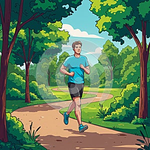 A cartoon-style illustration of a man jogging on a winding path in a lush, green park. photo