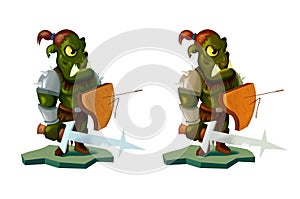 Cartoon style illustration of an orc warrior wielding sword and shield. front on white background.